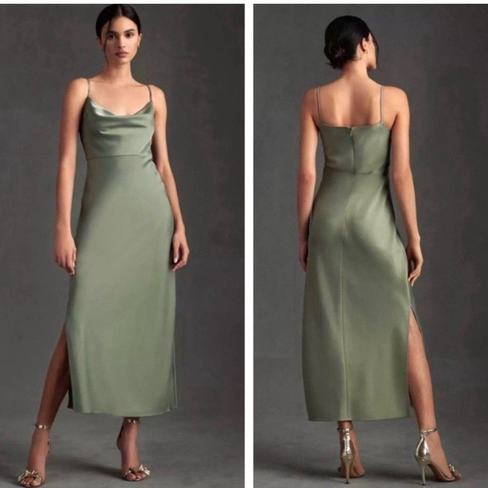 BHLDN Anthropologie Cali Satin Cowl Neck Midi Dress Women Size 6 in Sage Green